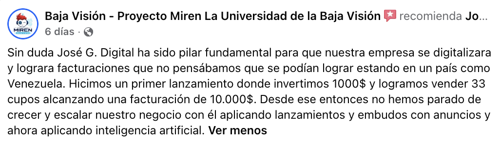 Reseña de Facebook de Baja Visión - Proyecto Miren: invirtieron $1.000 en su primer lanzamiento y facturaron $10.000 vendiendo 33 cupos