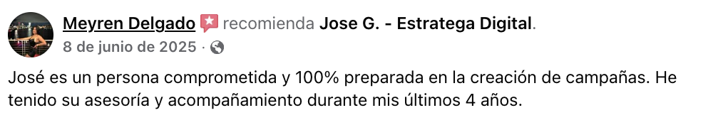 Reseña de Facebook de Meyren Delgado: asesoría y acompañamiento comprometido en campañas durante 4 años