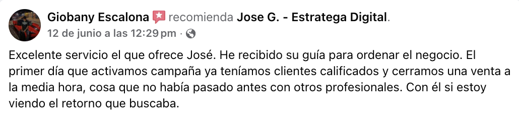 Reseña de Facebook de Giobany Escalona: el primer día de campaña cerraron una venta en media hora con clientes calificados