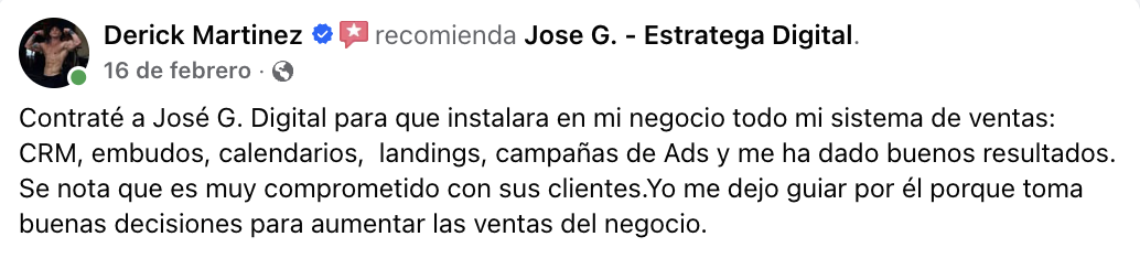 Reseña de Facebook de Derick Martinez: instalación completa del sistema de ventas con CRM, embudos, calendarios, landings y campañas de Ads