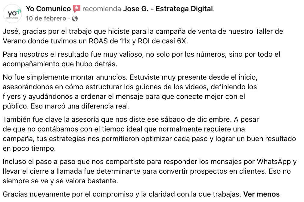 Reseña de Facebook de Yo Comunico: campaña de Taller de Verano con ROAS de 11x y ROI de casi 6x