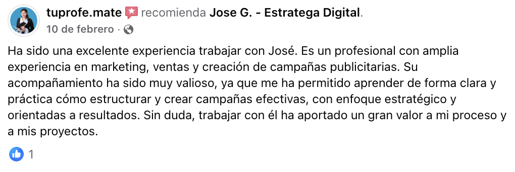 Reseña de Facebook de tuprofe.mate: acompañamiento valioso para estructurar campañas publicitarias efectivas con enfoque estratégico