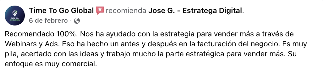 Reseña de Facebook de Time To Go Global: estrategia de Webinars y Ads que marcó un antes y después en la facturación del negocio