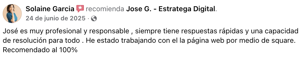 Reseña de Facebook de Solaine Garcia: profesional y responsable, con respuestas rápidas trabajando en su página web